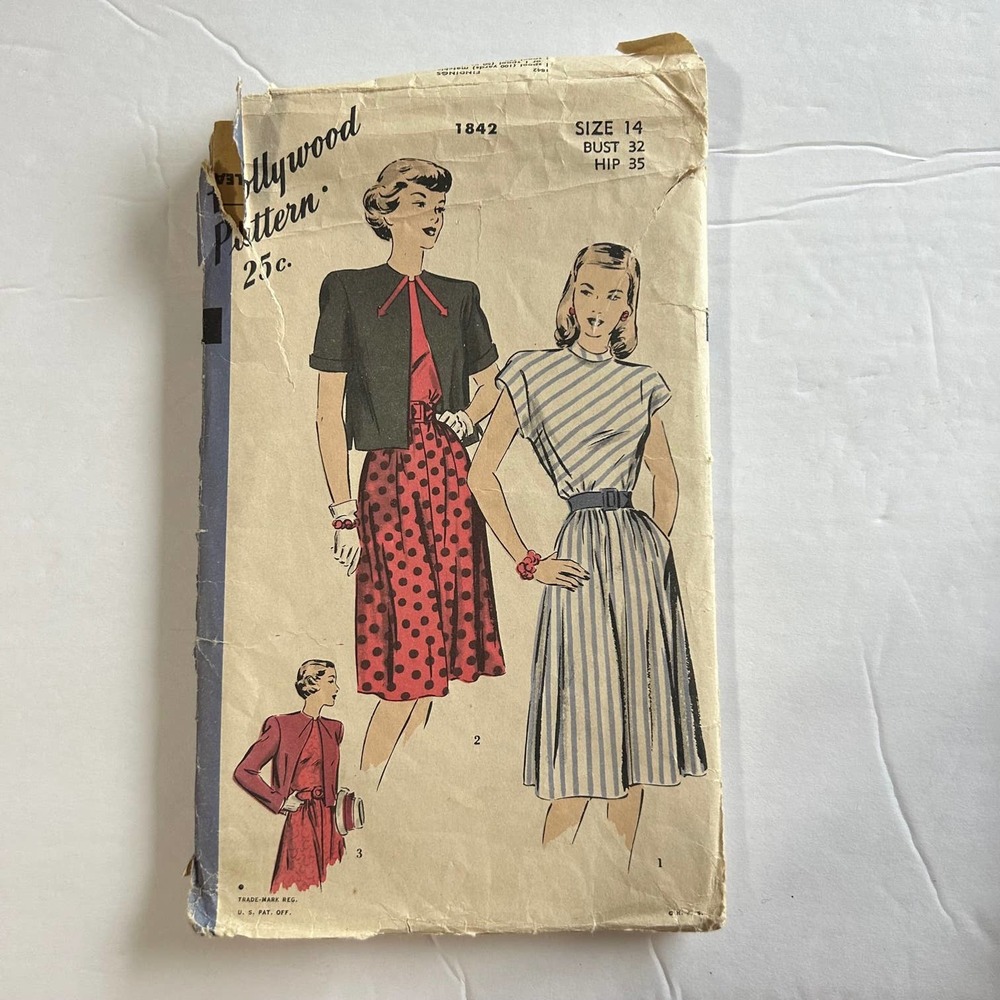 Hollywood Vintage 1940's Pattern #1842 One Piece Dress and‎ Jacket Size 14